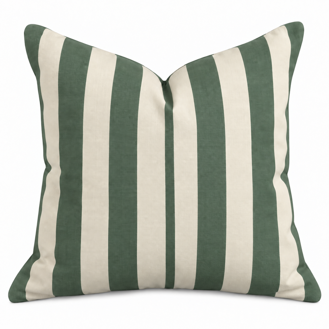 Outdoor Stripe Cushion Green 45x45cm with wide muted green and warm cream stripes and coordinating green piped edge