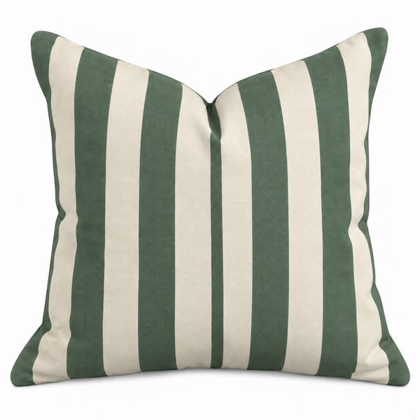 Outdoor Stripe Cushion Green 45x45cm with wide muted green and warm cream stripes and coordinating green piped edge