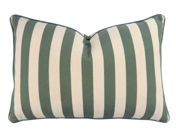 Outdoor Stripe Cushion Green 50x30cm with muted green and warm cream vertical stripes and coordinating green piping