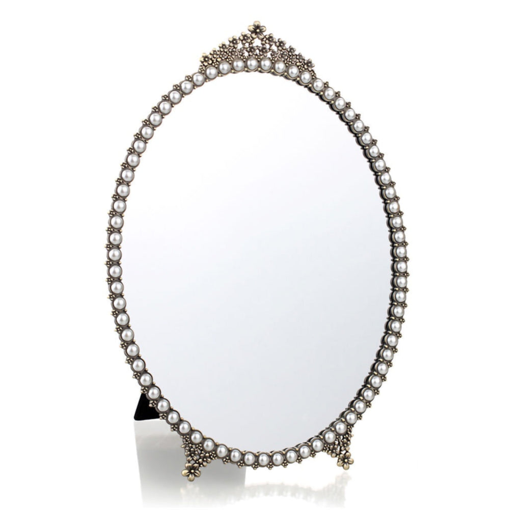 Oval Table Top Mirror with White Pearls