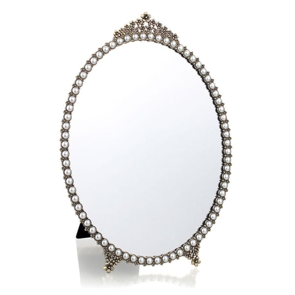 Oval Table Top Mirror with White Pearls