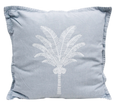 Chambray blue cushion with white embroidered palm tree and whipstitched edging