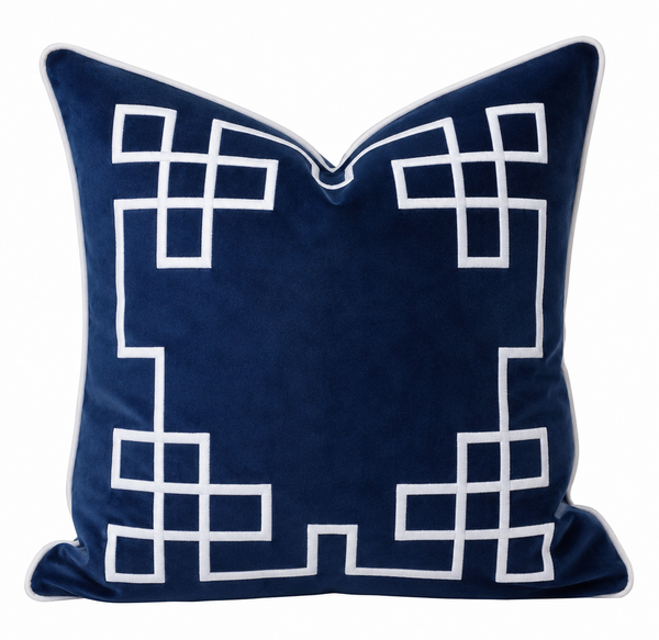 Palm Springs Navy Cushion 50cm with white embroidered geometric border design on navy velvet fabric