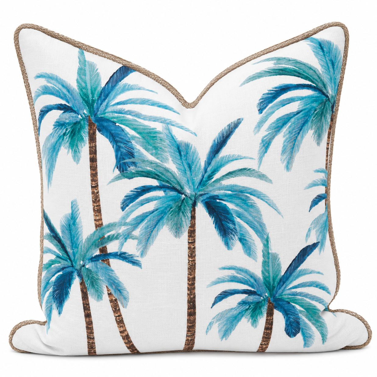 Palmy Blue Mirage Cushion featuring tropical blue palm tree artwork on a white cotton cushion with natural woven lattice edging.