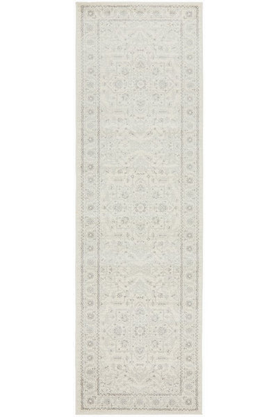 Parker Winter White Runner Rug featuring a distressed traditional design in soft cream and grey tones.