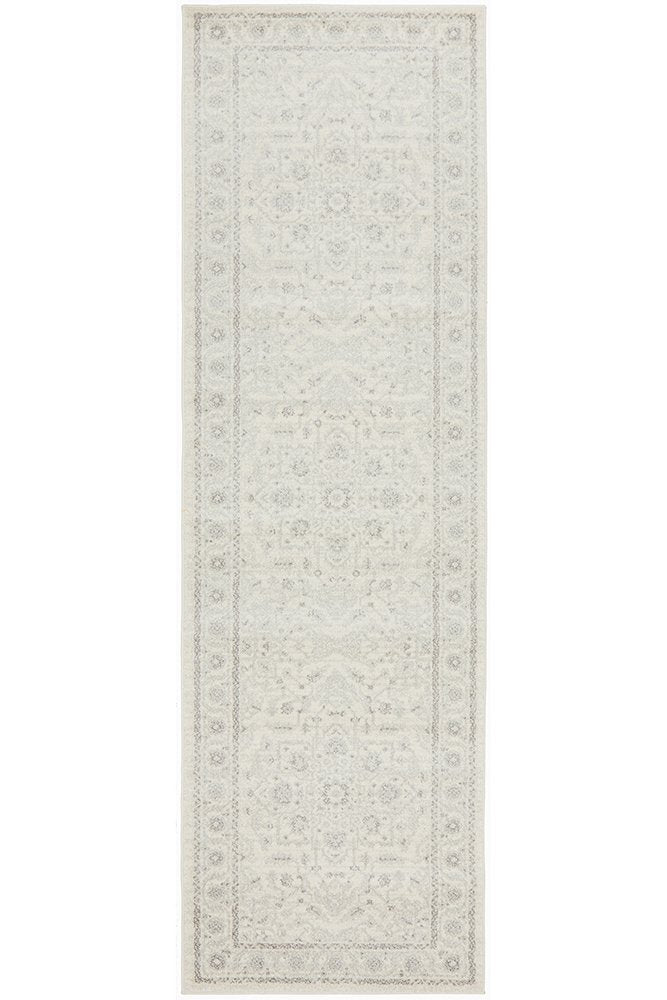 Parker Winter White Runner Rug featuring a distressed traditional design in soft cream and grey tones.