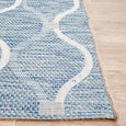 Close-up detail of the Patio Rug Blue showing woven blue texture and ivory geometric lattice pattern