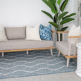 Patio Rug Blue styled in a relaxed coastal living space with neutral furniture and tropical greenery
