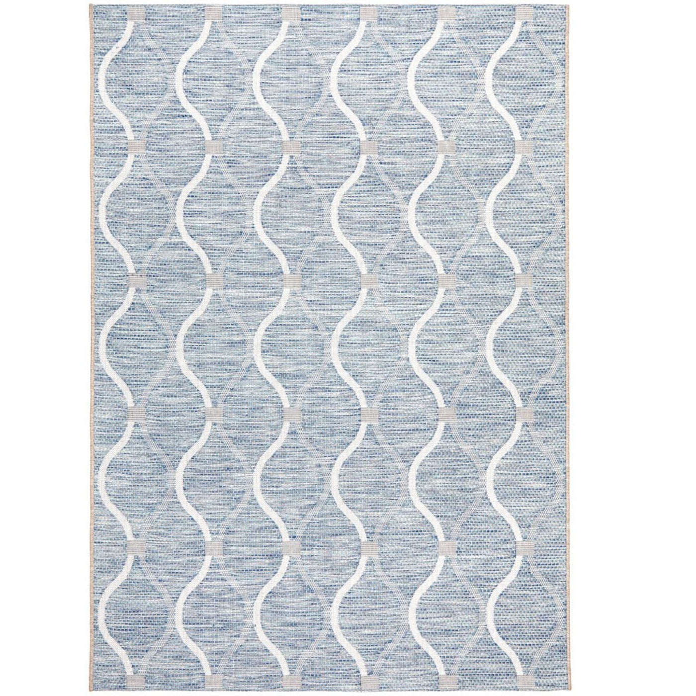Patio Rug Blue featuring a soft coastal lattice pattern in blue and ivory tones for indoor and outdoor styling
