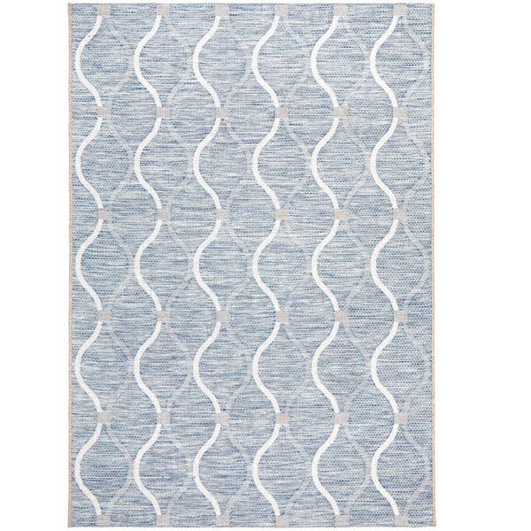 Patio Rug Blue featuring a soft coastal lattice pattern in blue and ivory tones for indoor and outdoor styling