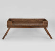 woven rattan serving tray used for outdoor brunch setting