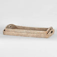 Angled view of Paume Rattan Rectangle Tray in Whitewash showing the fine woven construction and cut-out handles.