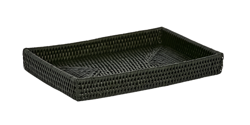 Paume black rattan tidy tray with rectangular shape and woven detail