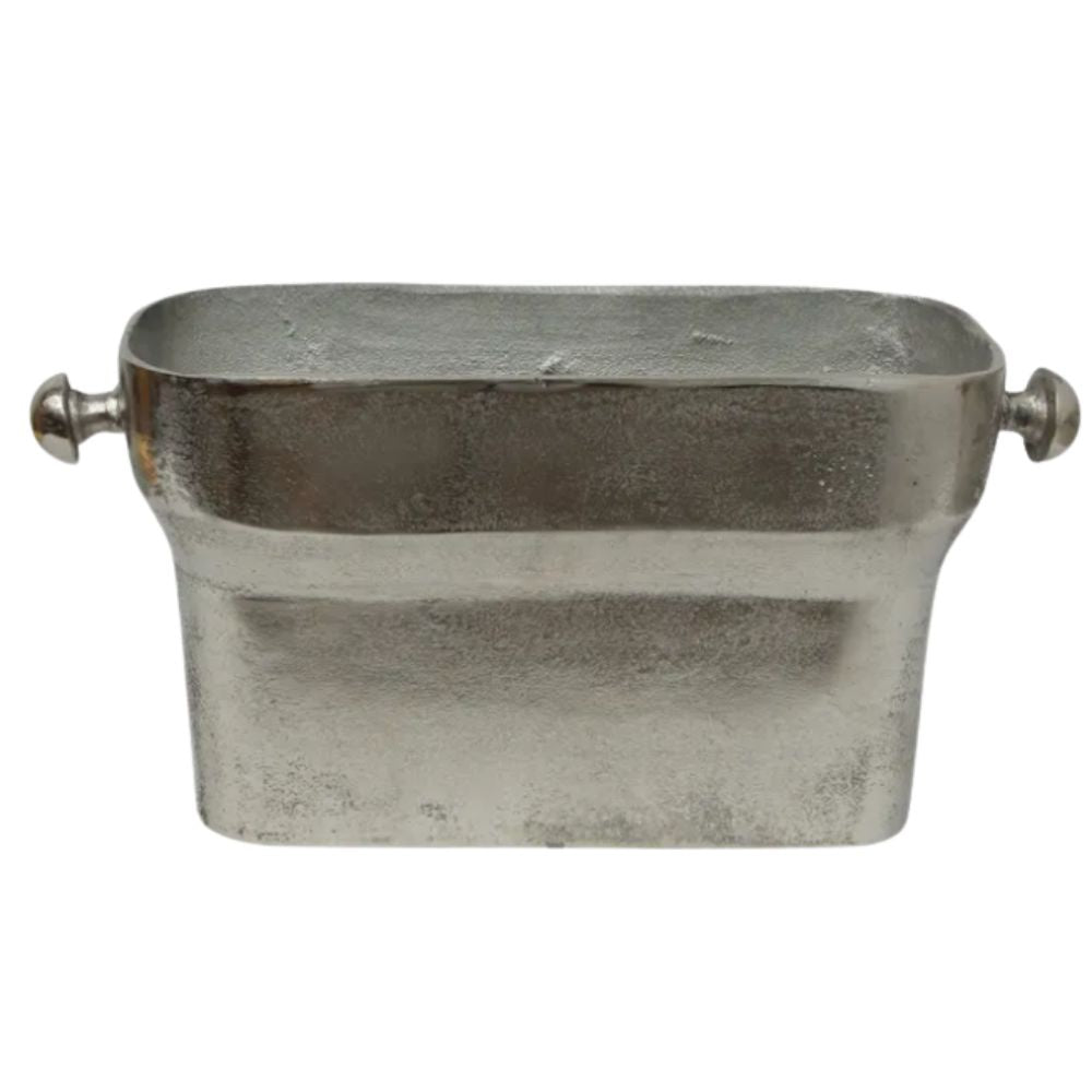 Large rectangular silver planter with rounded handles, crafted from aluminium with a vintage finish.