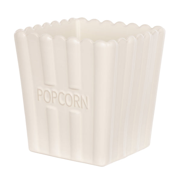 Peggy large stoneware popcorn bowl in off-white with embossed popcorn lettering and fluted design