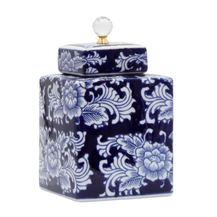 Peony Canister with Lid 20cm featuring an intricate blue and white floral design and crystal-style finial, ideal for Hamptons and coastal home styling.