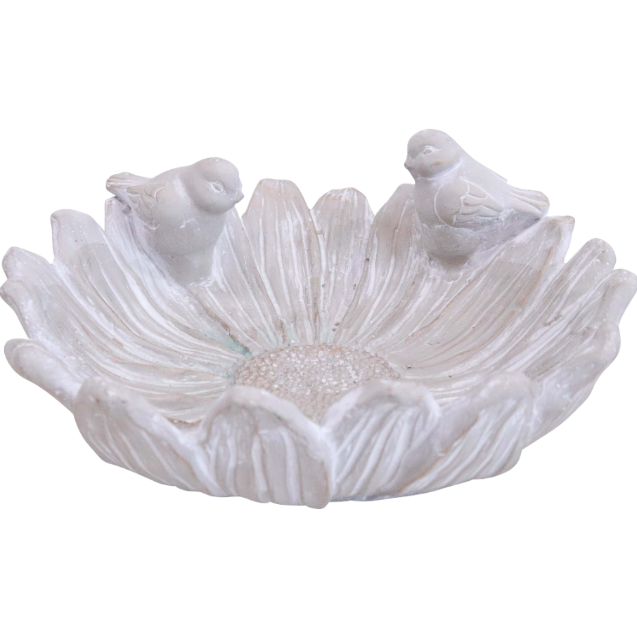 Petal Bird Bath White 25cm cement garden bird bath with flower-shaped bowl and two decorative birds
