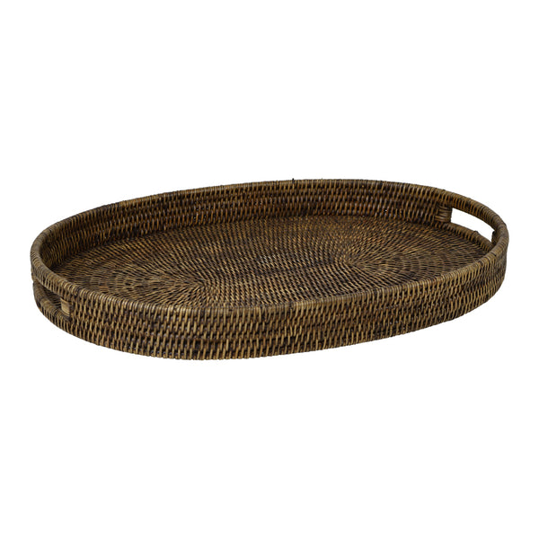 Plantation Tray Oval Small 50cm in woven brown rattan with raised sides and integrated handles.