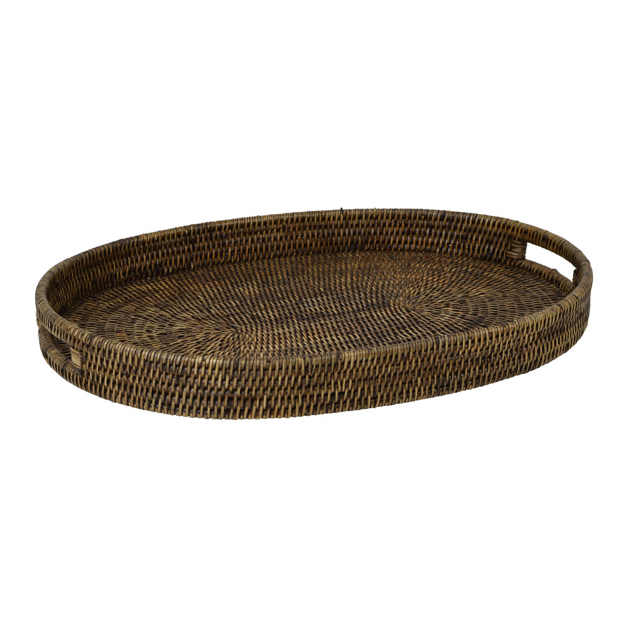 Plantation Tray Oval Small 50cm in woven brown rattan with raised sides and integrated handles.