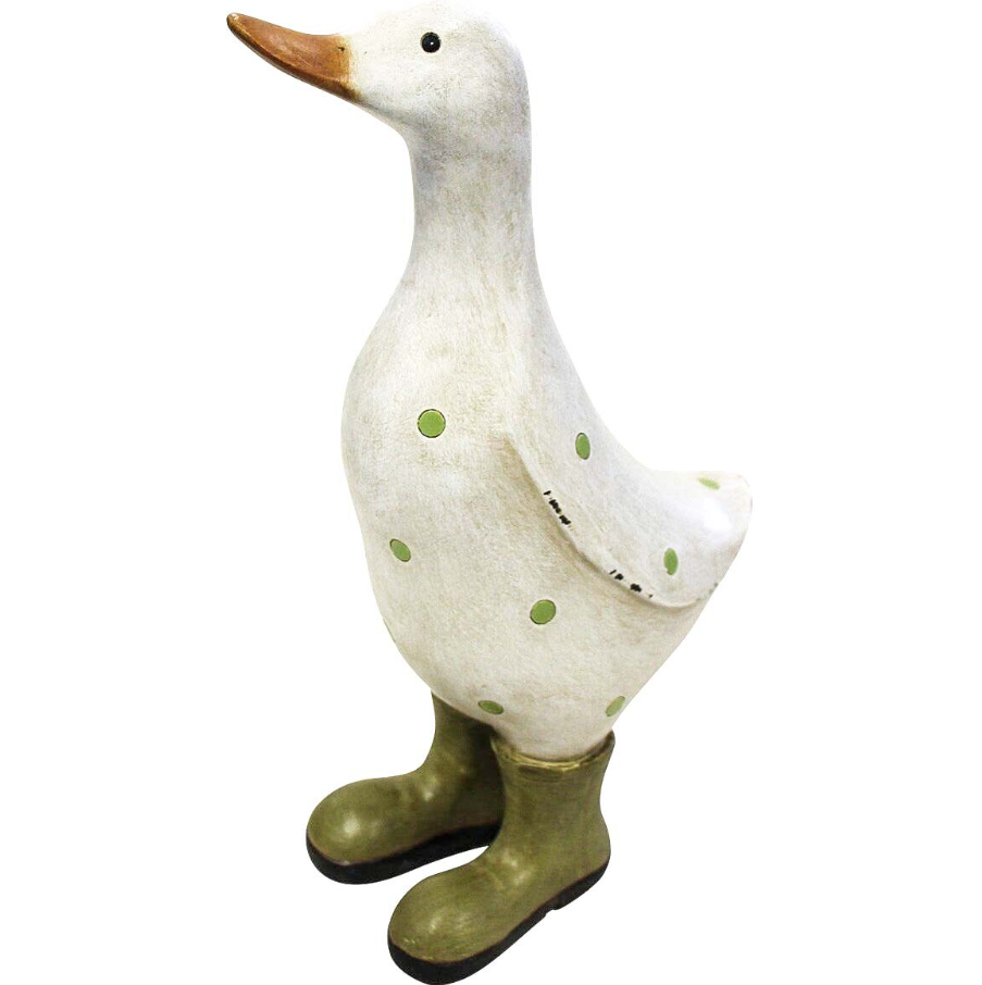 Polka Dot Duck with Olive Green Gumboots 22cm, featuring a rustic white body, green spots and ochre beak.