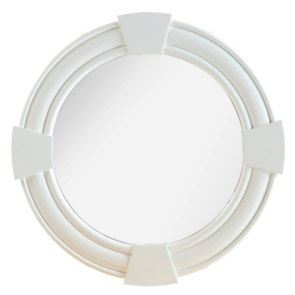 Porthole Mirror White featuring a handcrafted solid mahogany frame with a crisp white finish and bevelled circular mirror.