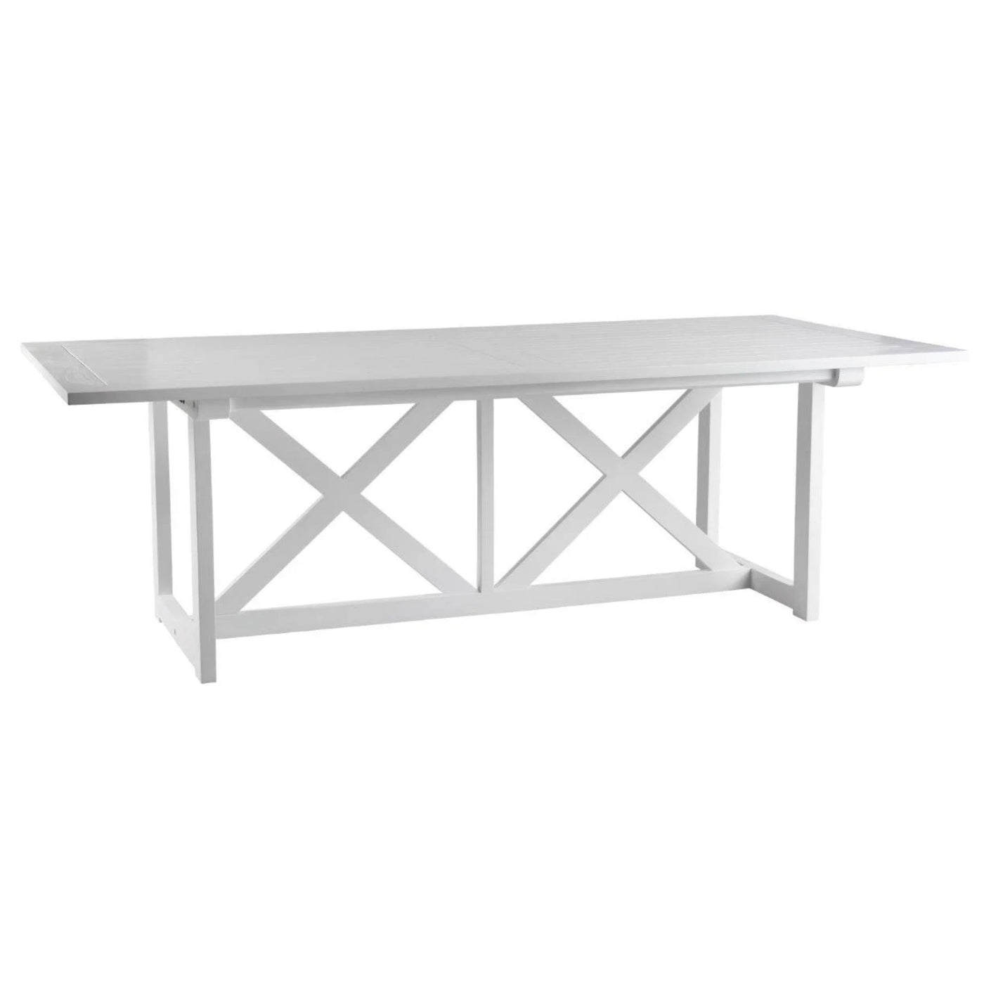 Portofino White Outdoor Dining Table 240cm crafted from solid teak with a slatted rectangular tabletop and classic white cross-braced X-frame base.