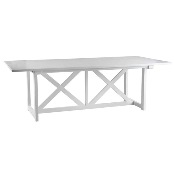 Portofino White Outdoor Dining Table 240cm crafted from solid teak with a slatted rectangular tabletop and classic white cross-braced X-frame base.