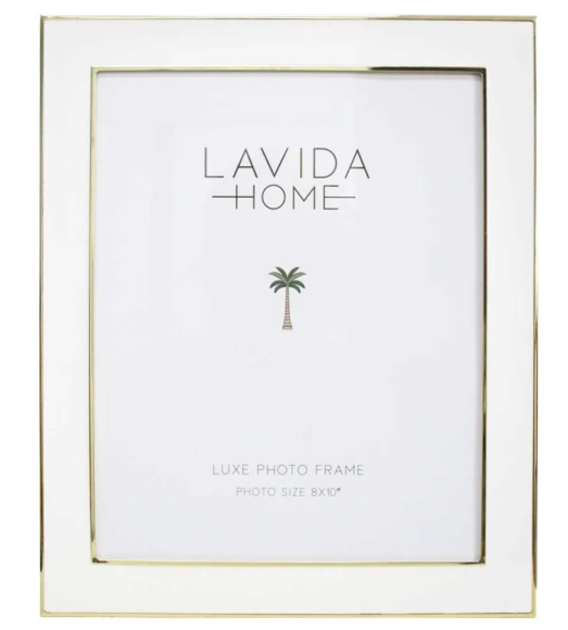 White and gold 8x10 photo frame with elegant enamel finish and slim gold trim for coastal and contemporary interiors.