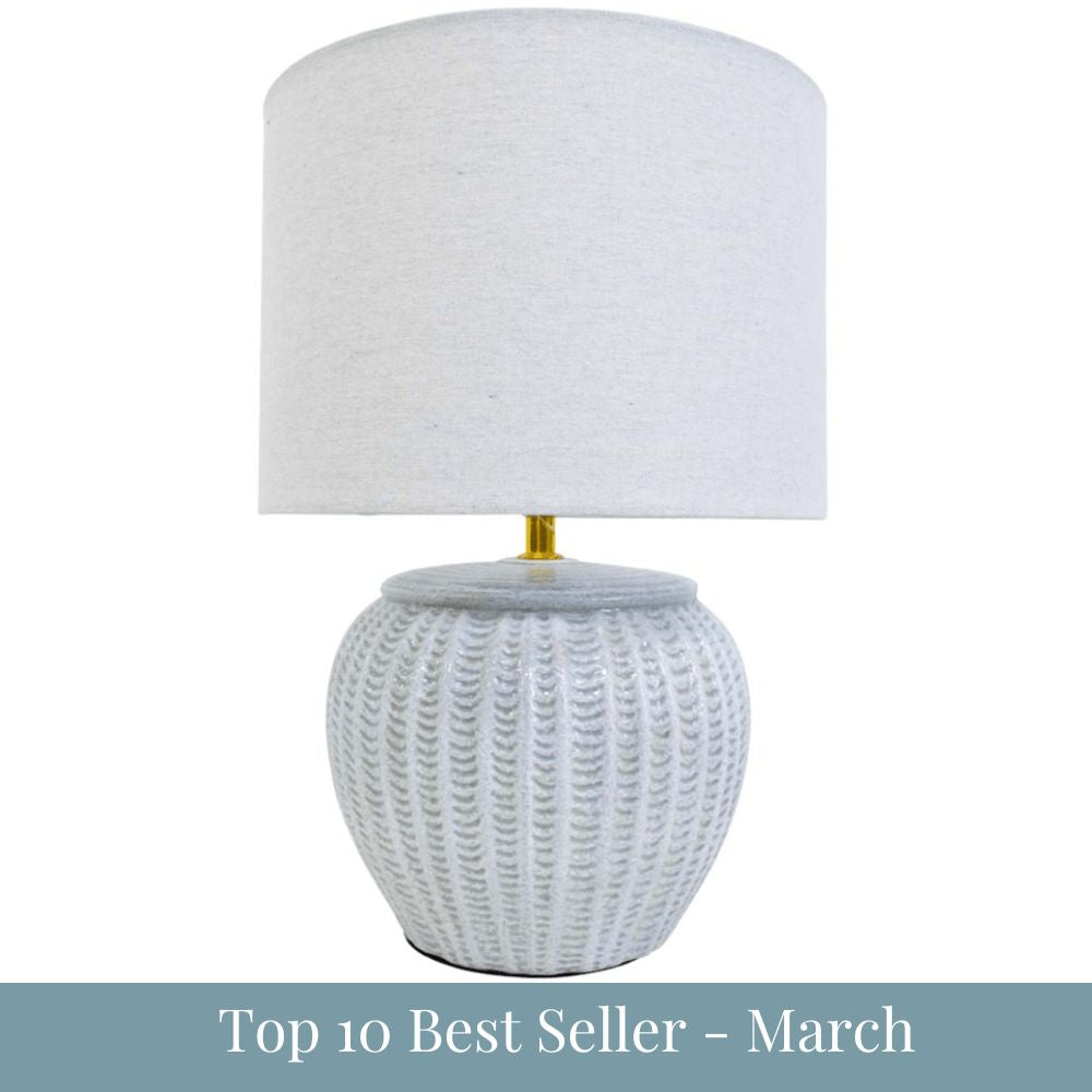 Portsea blue ceramic lamp with textured base and neutral linen shade coastal style lighting with top 10 best seller march label