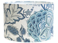 Portsea cotton lamp shade featuring a blue and aqua botanical floral print on a white background, styled in a coastal Hamptons interior.