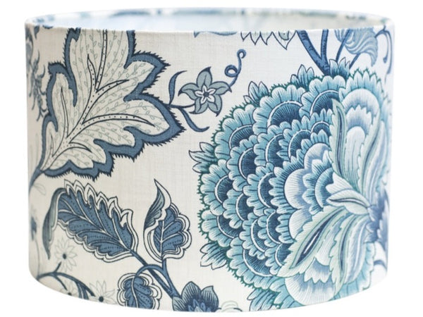 Portsea cotton lamp shade featuring a blue and aqua botanical floral print on a white background, styled in a coastal Hamptons interior.