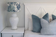 Close-up of the Portsea lamp shade highlighting the premium cotton fabric and layered blue floral botanical design.