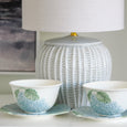 Portsea soft blue ceramic table lamp styled with blue hydrangea teacups in a Hamptons interior