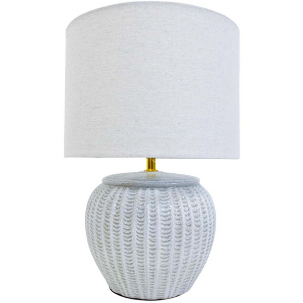 Portsea Table Lamp with textured white ceramic base, linen shade and gold-toned detail