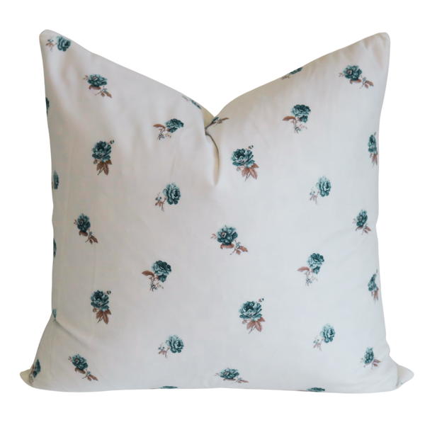 Posey Blue Floral Cushion 45cm with petite blue flowers on white, supplied with feather insert