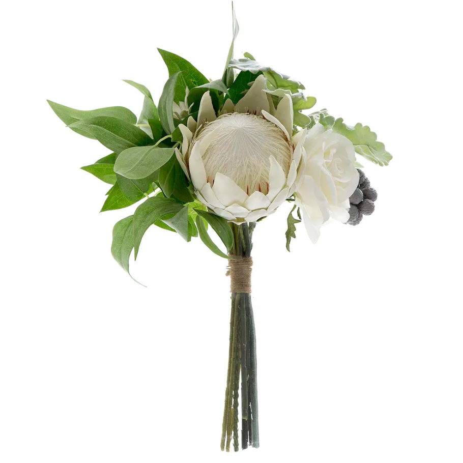 Protea Rose Dusty Miller Mix Bouquet 40cm White