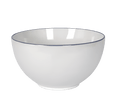 White stoneware bowl with blue-grey rim filled with fresh green limes