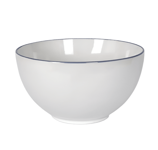 White stoneware bowl with blue-grey rim filled with fresh green limes