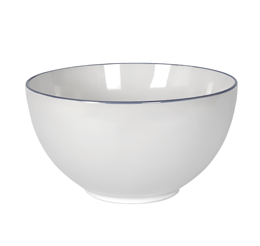 White stoneware bowl with blue-grey rim filled with fresh green limes