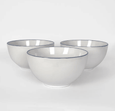 Set of white stoneware bowls with blue-grey rim detailing