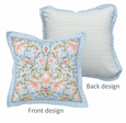 Provence Cushion with soft blue, blush and green floral design, striped ruffle edge and coordinating striped reverse showing front and back design