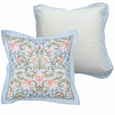 Provence Cushion with soft blue, blush and green floral design, striped ruffle edge and coordinating striped reverse