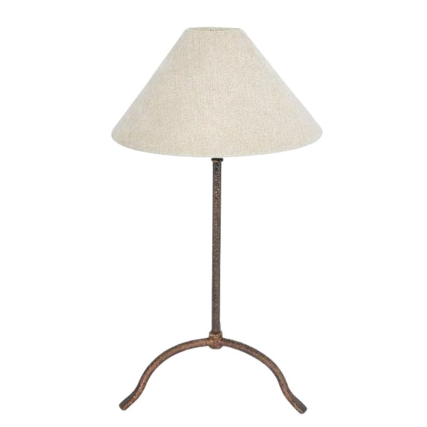 Bronze iron table lamp with linen shade in French country style, featuring a hand-beaten base and conical shade.