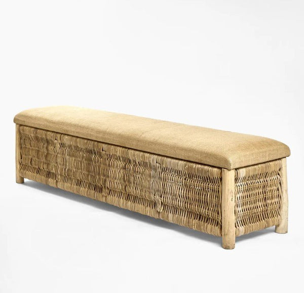 Natural rattan storage bench with cushion, 119cm wicker blanket box with solid wood frame