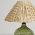 Close-up of the Rio Lamp showcasing its transparent forest green base and wrinkled paper shade detail.
