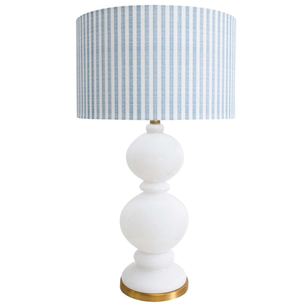 Riviera Lamp with white sculptural glass base and blue striped linen shade in Hamptons coastal style