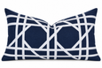 Riviera Navy Rectangle Cushion 60 x 35cm in navy cotton canvas with white geometric ribbon lattice design.