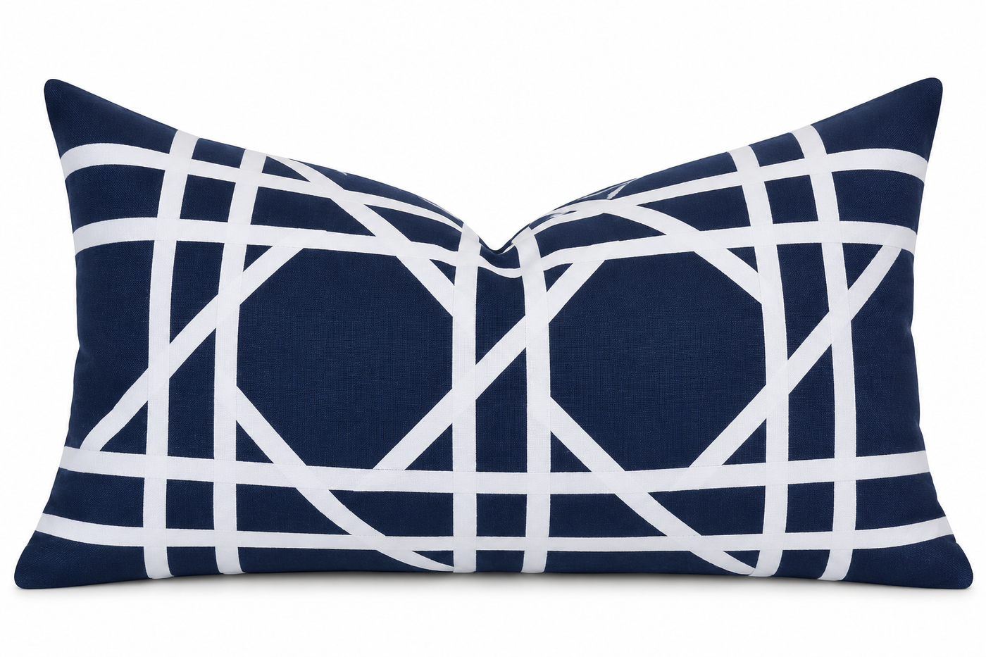 Riviera Navy Rectangle Cushion 60 x 35cm in navy cotton canvas with white geometric ribbon lattice design.