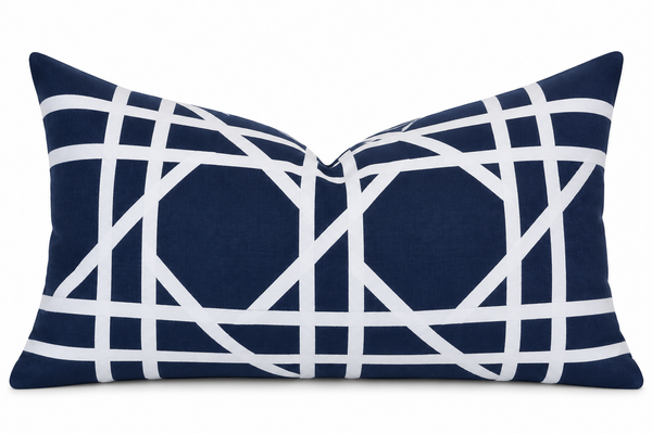 Riviera Navy Rectangle Cushion 60 x 35cm in navy cotton canvas with white geometric ribbon lattice design.