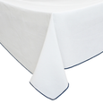 Riviera Tablecloth White Navy cotton tablecloth with elegant navy border detail and soft drape